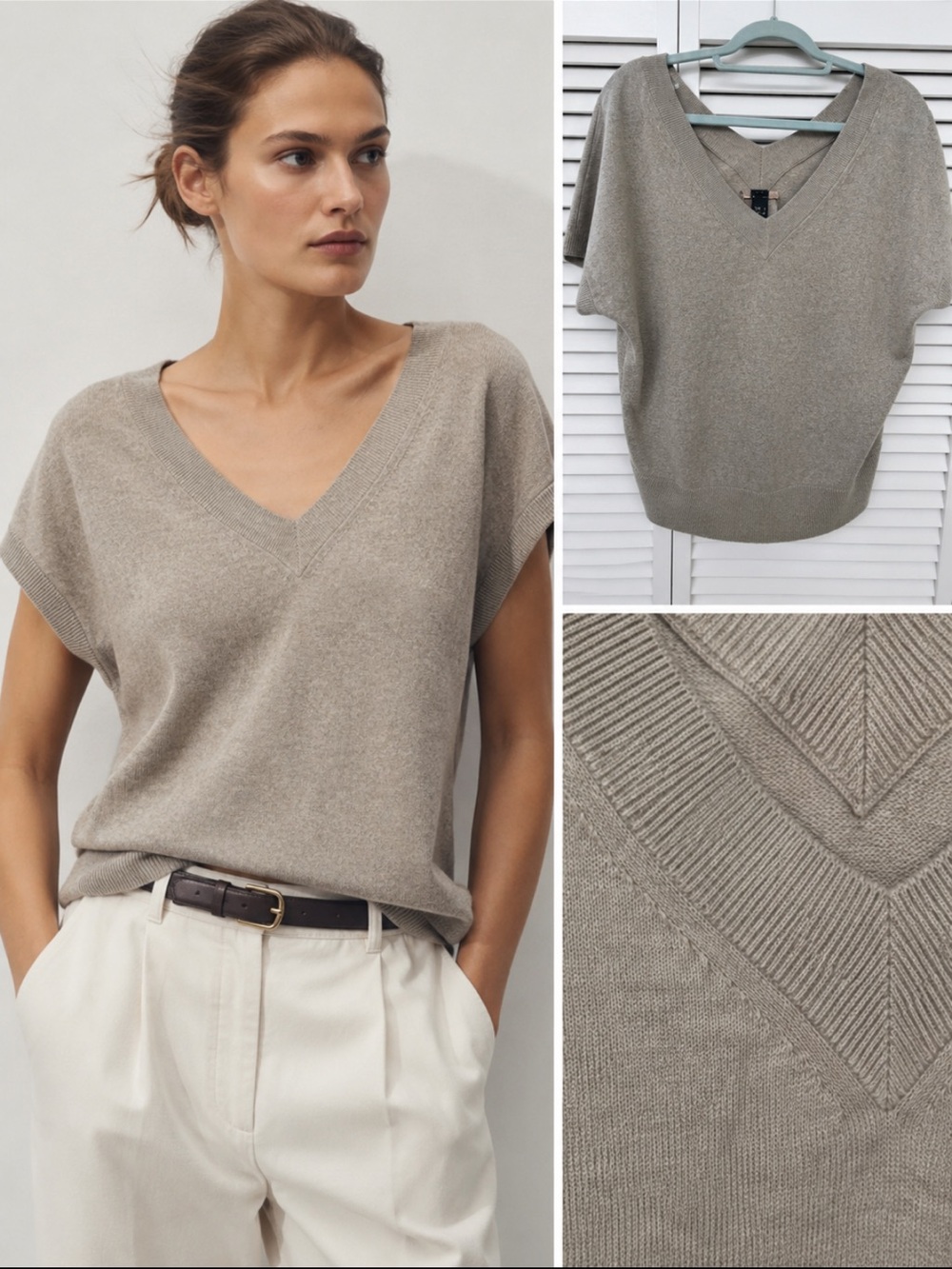 Massimo Dutti Beige V-Neck Knit Sweater Top NWOT | Size S